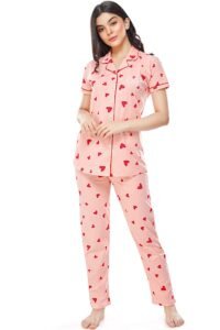 ZEYO Women’s Cotton Heart Printed Night Suit Set of Shirt & Pajama Set 5250 (Available in Plus Size)
