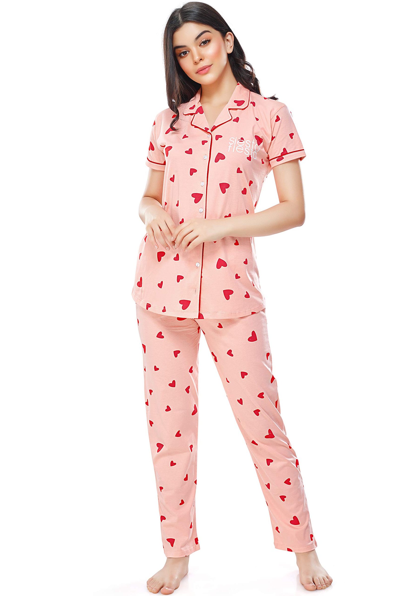 ZEYO Women’s Cotton Heart Printed Night Suit Set of Shirt & Pajama Set 5250 (Available in Plus Size)