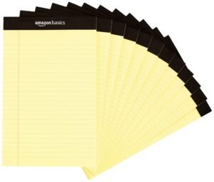 amazon basics Narrow Ruled Writing Pad – 5 x 8 Inches, 50 Sheets, Pack Of 12 (Canary)