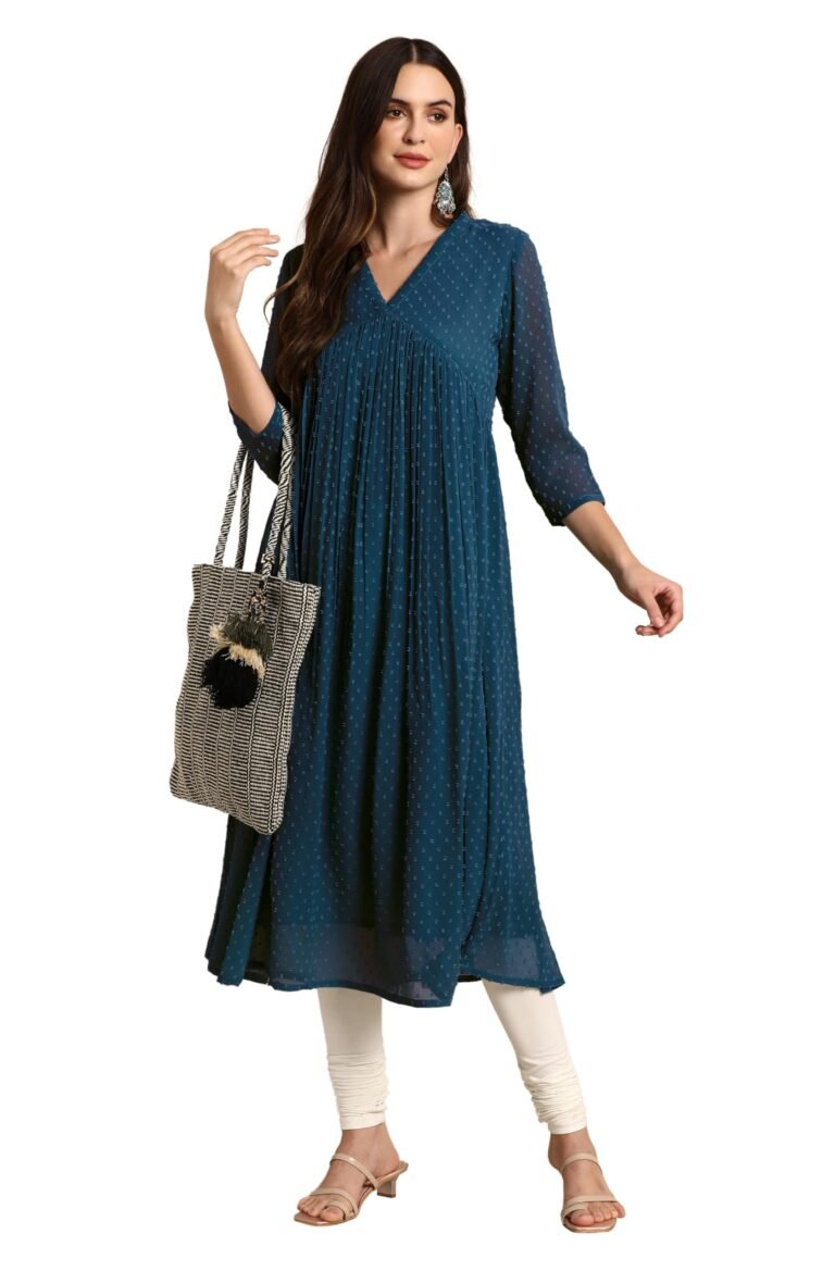 Janasya Women’s Dobby Chiffon Self Design Flared Kurta