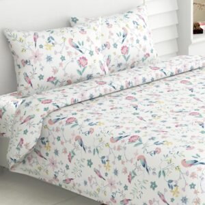 Haus & Kinder Bedsheet for Double Bed King Size, 108X108 Inches King Size Bed Sheet Cotton 186 TC Bedsheets with 2 Pillow Covers- Exotic Wings, White