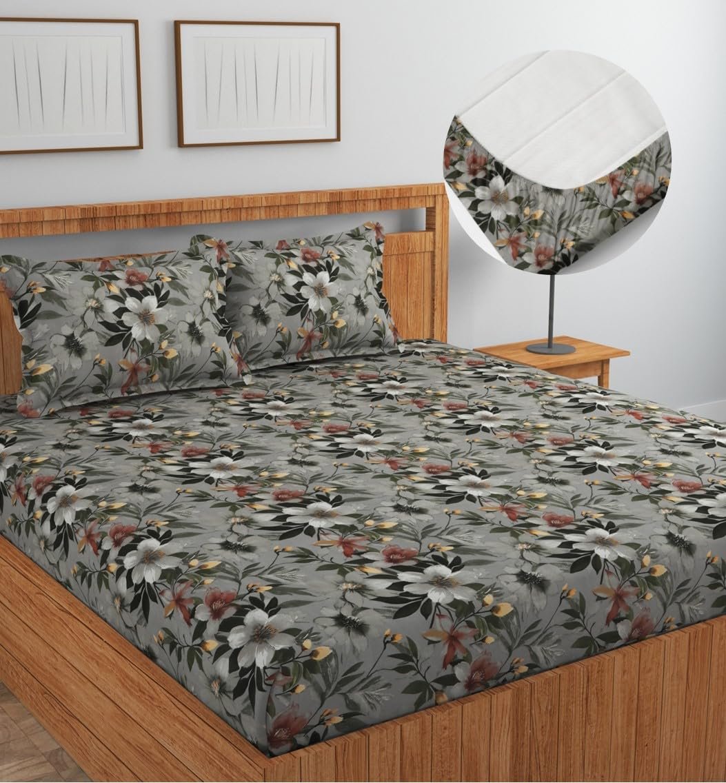 NEW LEAF Cotton Fitted King Bedsheets with 2 Pillow Covers | Elastic Fitted | Wrinklefree | Ultrasoft |Winter Bedsheet 200 to 220 tc Floral | 78×72+8 Inches, Floral Black Grey