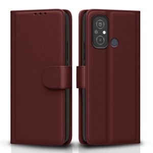 Pikkme Redmi 12C / Poco C55 Flip Cover Leather Finish | Inside TPU with Card Pockets | Wallet Stand and Shock Proof | Complete Protection Flip Case (Brown)