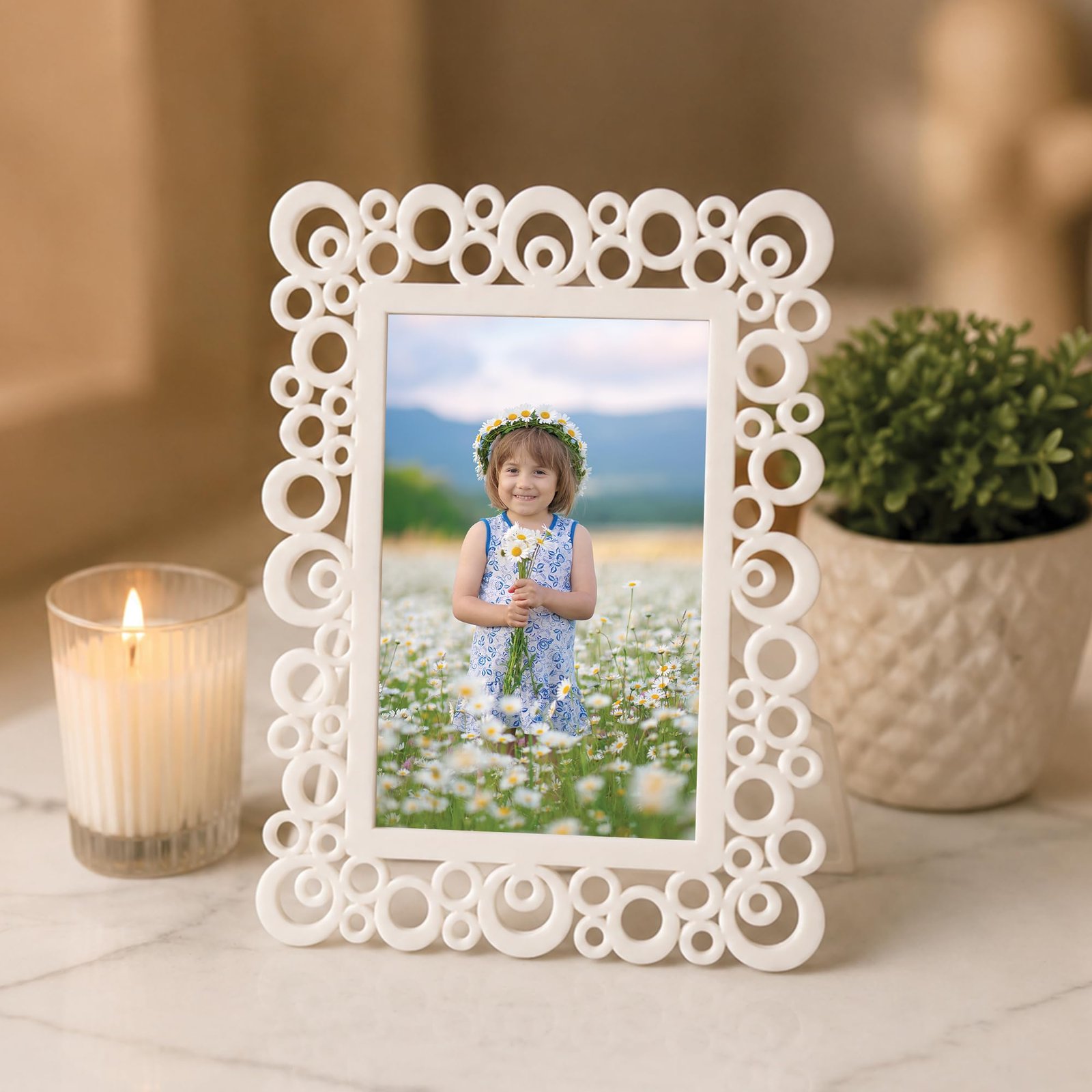 Art Street Decoralicious Designer Table Photo Frame White Circular Motif Photo Frame for Home, Office and kids room Table Decor (4×6 inch)
