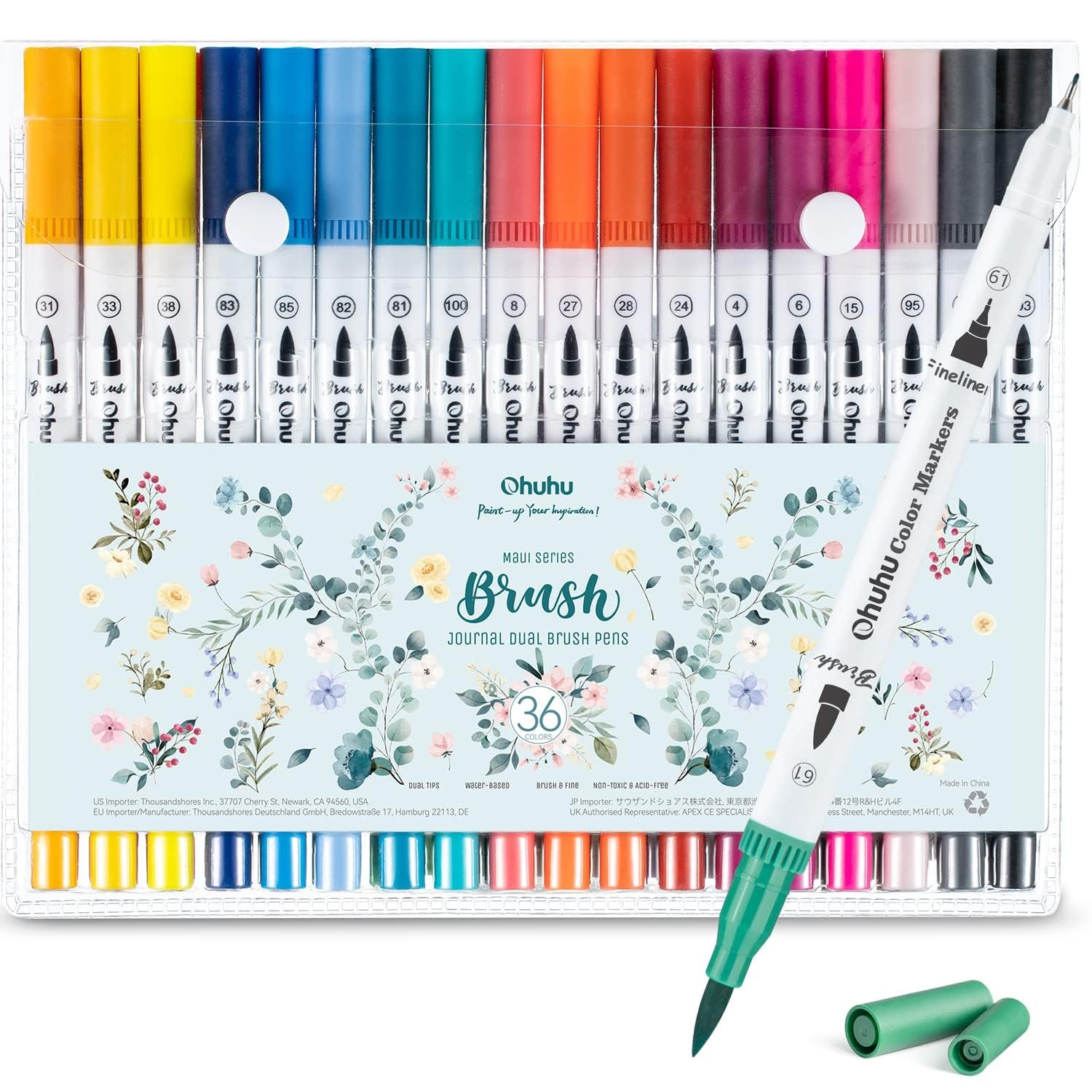 Ohuhu Brush Pen 36 Colors Water-based Fineliner & Brush – Maui – White
