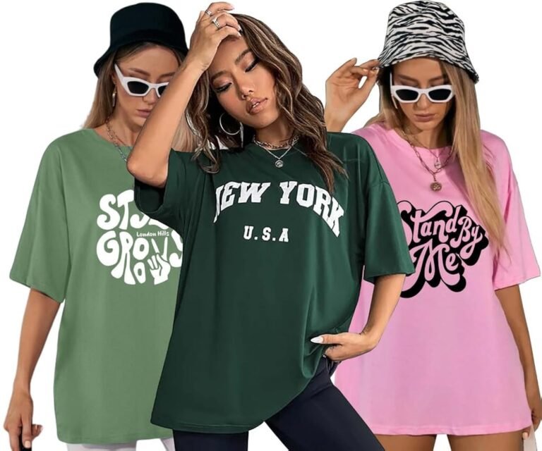 London Hills Women’s Cotton Oversized Fit Printed Round Neck Oversized T-Shirt | Loose Fit Drop Shoulder T-Shirt Pack of 3