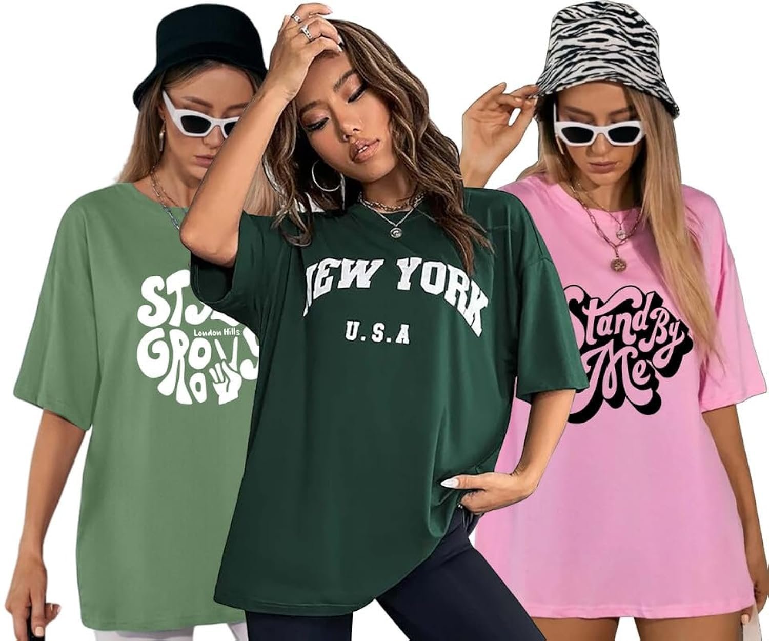London Hills Women’s Cotton Oversized Fit Printed Round Neck Oversized T-Shirt | Loose Fit Drop Shoulder T-Shirt Pack of 3