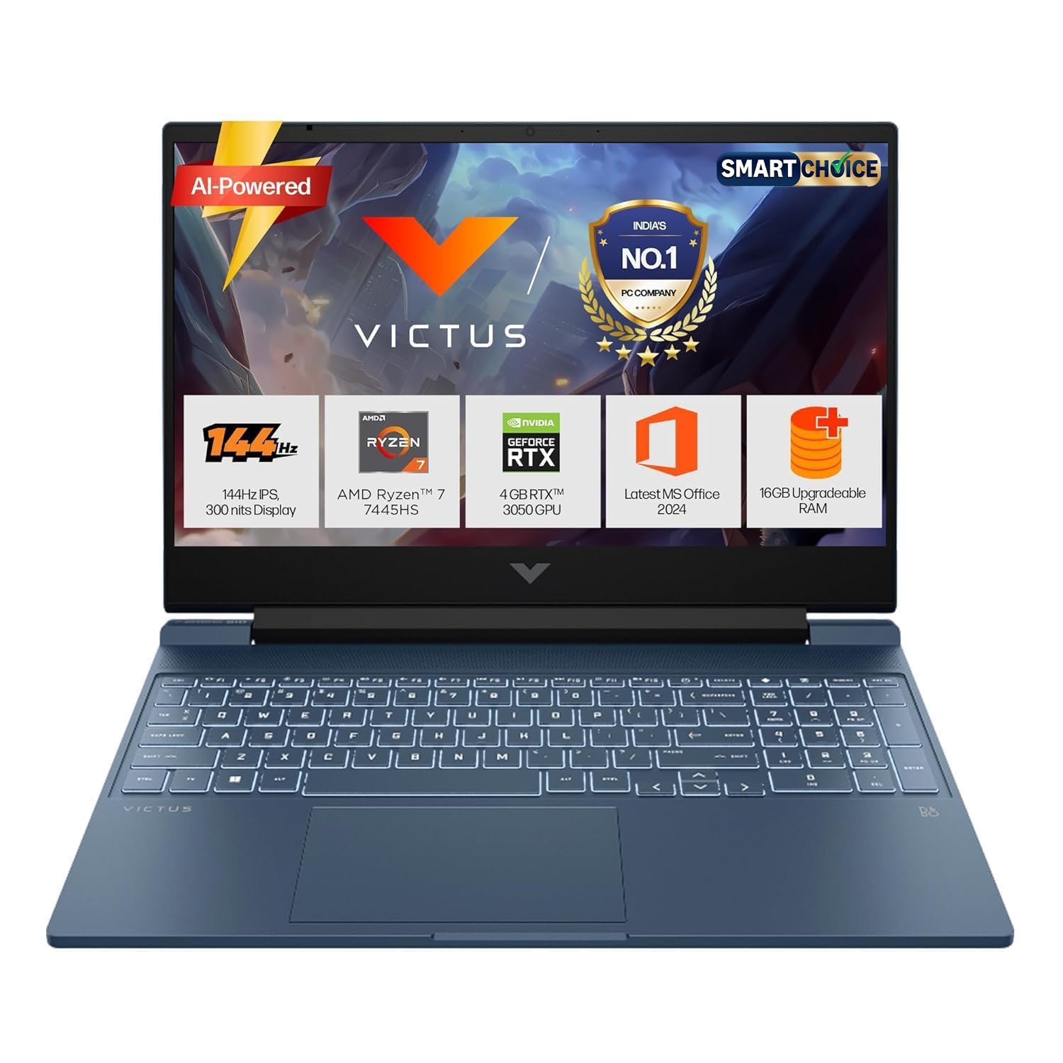 HP Smartchoice Victus, AMD Ryzen 7 7445HS, 6GB RTX 3050, 16GB DDR5(Upgradeable) 512GB SSD, 144Hz, 300 nits, 15.6”/39.6cm, Win 11, Office 24, Blue, 2.29kg, fb3134/20ax, Xbox Gamepass*, Gaming Laptop