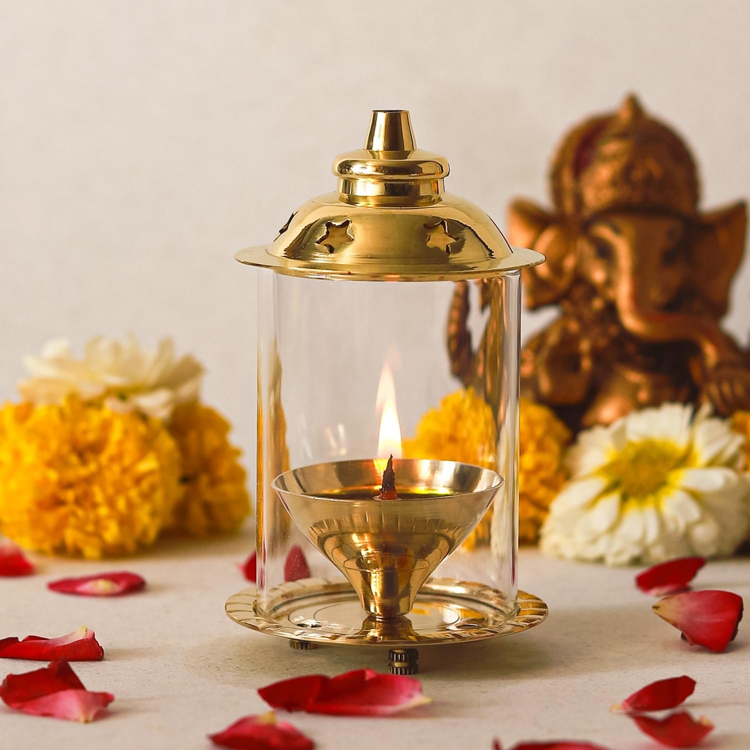 Klassic Akshi Navjyoti 4-Inch Brass Diya with Borosilicate Glass Shade for Home & Mandir, Decorative Brass Oil Lamp for Pooja & Diwali, Lantern Diya, Wick Holder (Pack of 1).
