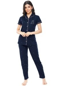 ZEYO Women’s Cotton Dot Printed Korean Night Suit Set of Shirt & Pajama Set (Available in Plus Size)