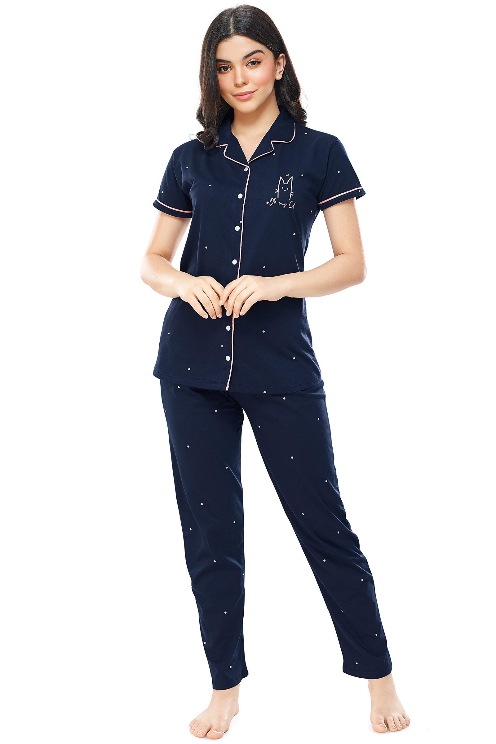 ZEYO Women’s Cotton Dot Printed Korean Night Suit Set of Shirt & Pajama Set (Available in Plus Size)