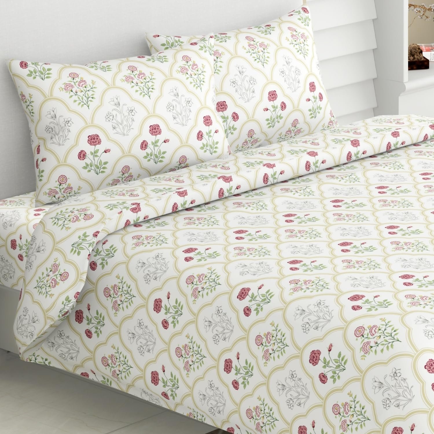 haus & kinder Bedsheet for Double Bed King Size, 108X108 Inches King Size Bed Sheet Cotton 186 TC Bedsheets with 2 Pillow Covers- Rose Serenity