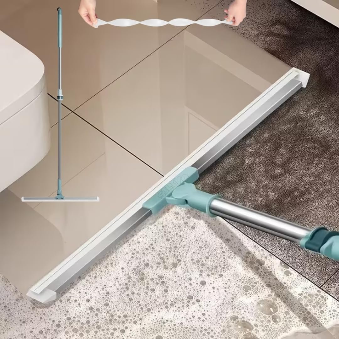 Heavy Duty Rotating Floor Squeegee with Long Handle [Pack of 1], Bathroom & Floor Wiper with 180-Degree Swivel Head – Magic Broom Sweeper for Tiles, Glass, Indoor Cleaning & Home Cleaning