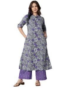 rytras Women Cotton Printed A-Line Kurta with Palazzo Pant Set