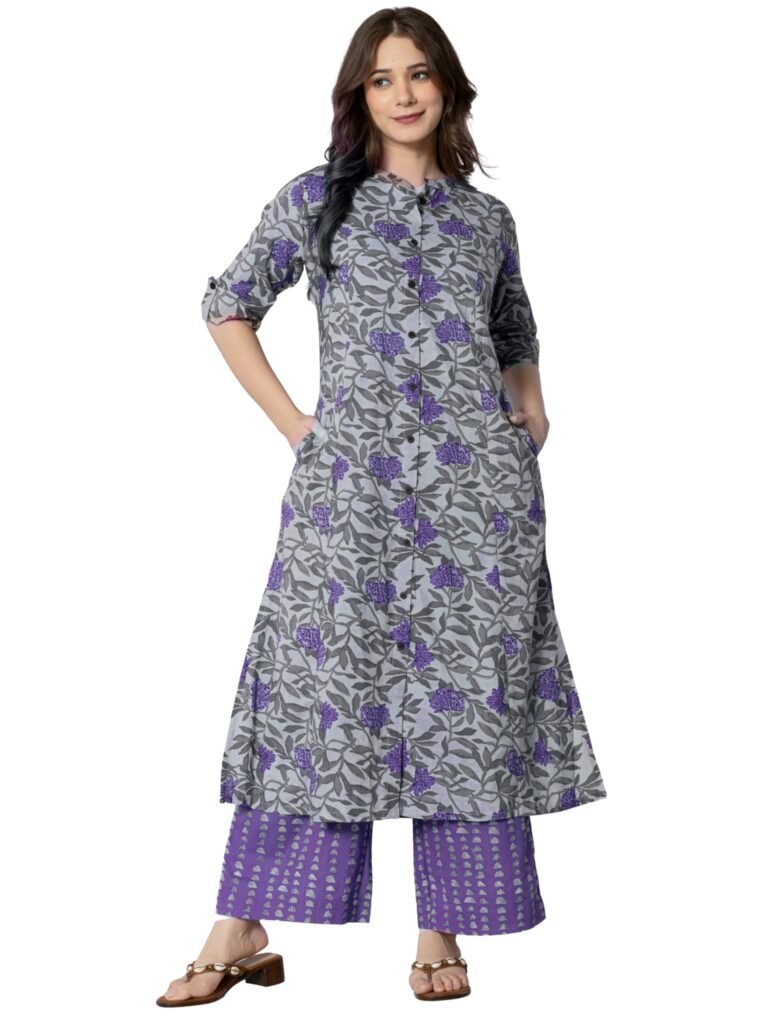 rytras Women Cotton Printed A-Line Kurta with Palazzo Pant Set