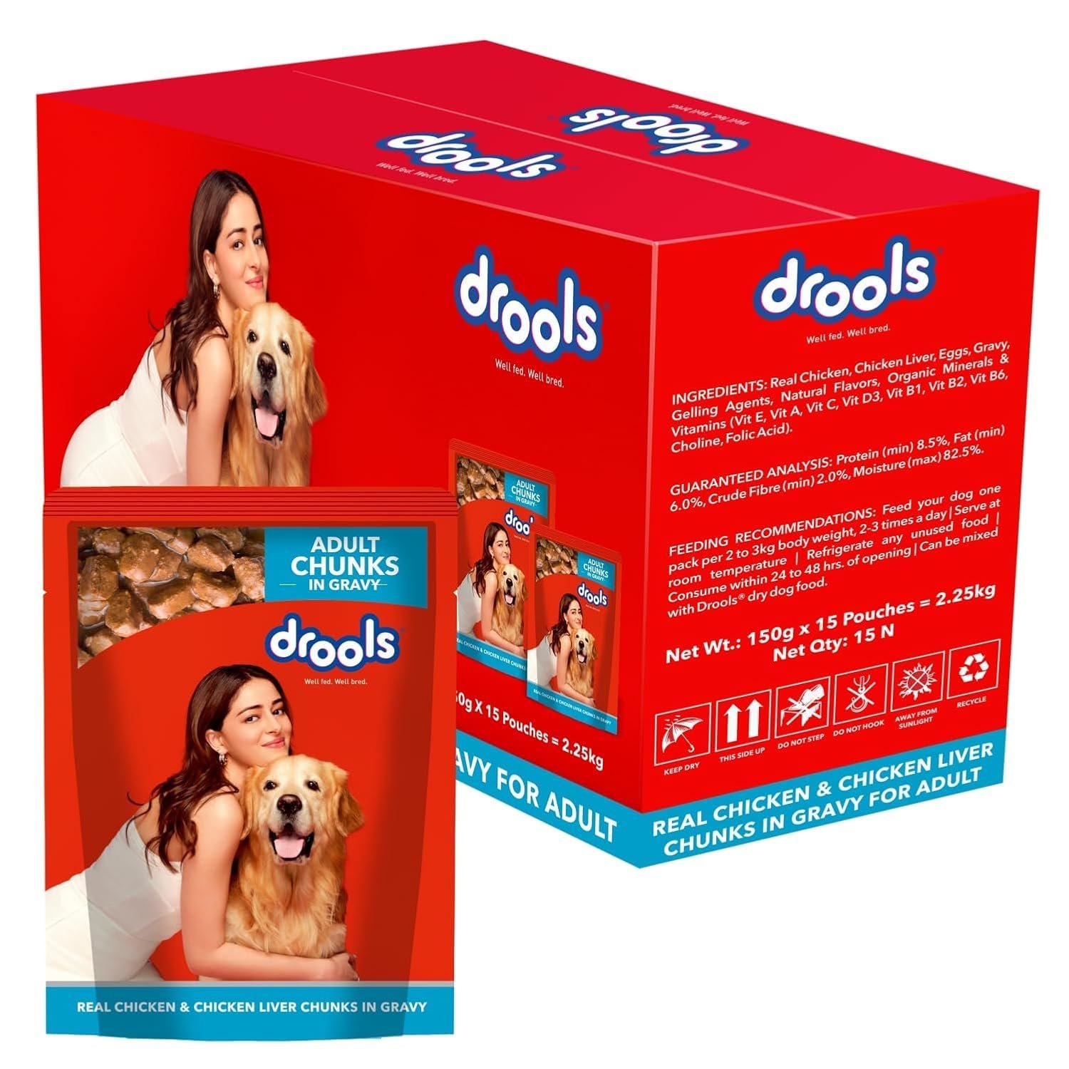 Drools Adult Wet Dog Food 2.25kg (150g x 15) Pack of 15 | Real Chicken and Chicken Liver Chunks in Gravy | Better Digestibility & Health | Healthy Skin & Coat