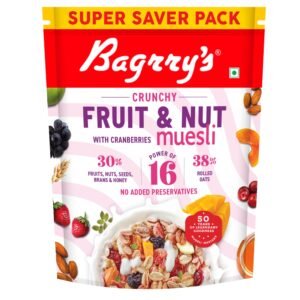 Bagrry’s Crunchy Fruit & Nut Muesli with 30% Fruits, Nuts, Seeds, Bran & Honey – 750G | 16 Power Ingredients | Freeze Dried Fruits, Nuts, Seeds & Cranberries Muesli | No Candy | 38% Rolled Oats, No Corn flakes | Fibre & Protein Rich Breakfast Cereal | No Palm Oil | No Added Preservatives