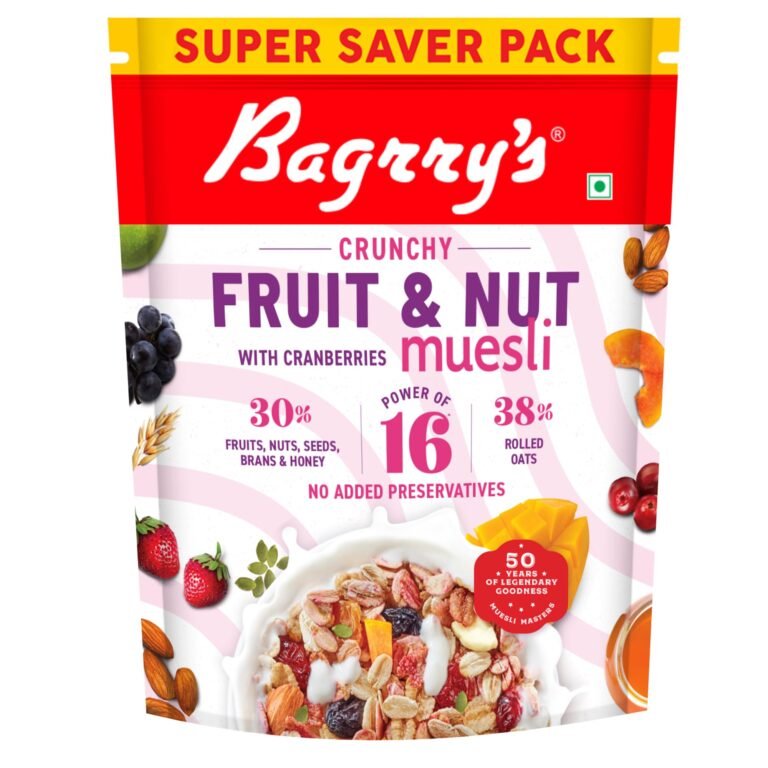 Bagrry’s Crunchy Fruit & Nut Muesli with 30% Fruits, Nuts, Seeds, Bran & Honey – 750G | 16 Power Ingredients | Freeze Dried Fruits, Nuts, Seeds & Cranberries Muesli | No Candy | 38% Rolled Oats, No Corn flakes | Fibre & Protein Rich Breakfast Cereal | No Palm Oil | No Added Preservatives