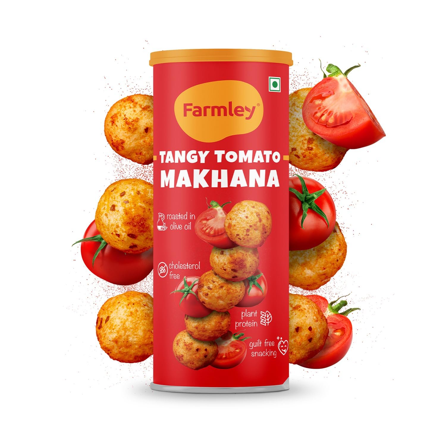 Farmley Roasted and Flavoured Tangy Tomato Makhana | Namkeen Snacks & Puffed Snacks | Healthy Snack | Cholesterol Free | Gluten Free | Rich In Protein & Fiber | Roasted in Olive Oil – 83g Jar