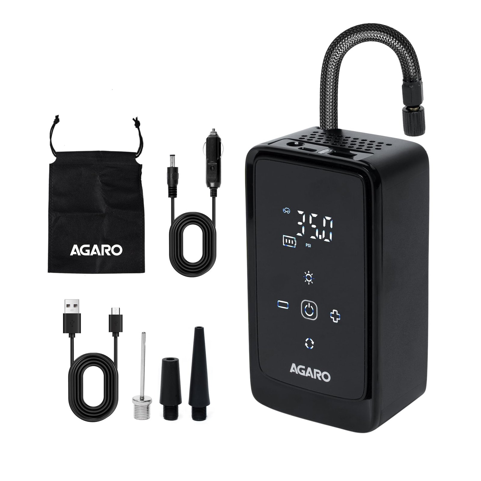 AGARO Atom Cordless Tyre Inflator, 150 PSI, 4500mAh Battery, Auto Shut-Off, Digital Display, LED Light, USB-C Charging, 12V DC Output, for Cars, Bikes, Balls & Inflatables