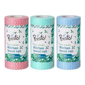 Amazon Brand – Presto! Non-Woven Kitchen Towel Roll | 80 Pulls (Pack of 3) | Size: 23 x 21 cm | Wavy Pattern (Red, Blue & Green) | Washable and Reusable | Highly Absorbent | For Daily Use