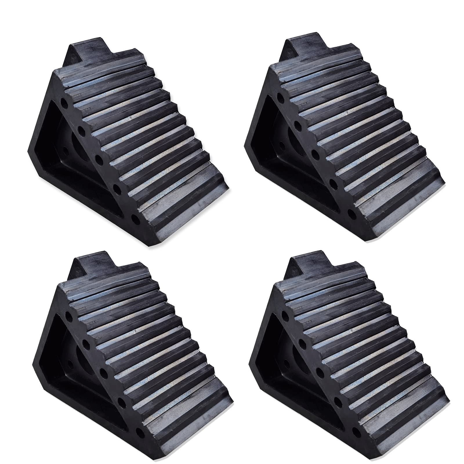 Solid Heavy Duty Rubber Wheel Chocks 4 Packs, Premium Chock for Car, Travel Trailers, RV, Truck, and ATV(4 pcs, Black) 8″ x 4″ x 6″