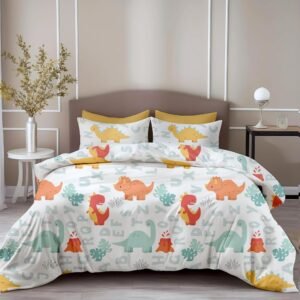 LORETO – A QUALITY LINEN BRAND 144 TC 100% Pure Cotton Printed Bedsheet,144TC Soft & Breathable King Size Bed Sheet Cotton with 2 Pillow Covers(Orange & Mint Alphabet Dino Play,104×104 Inches)