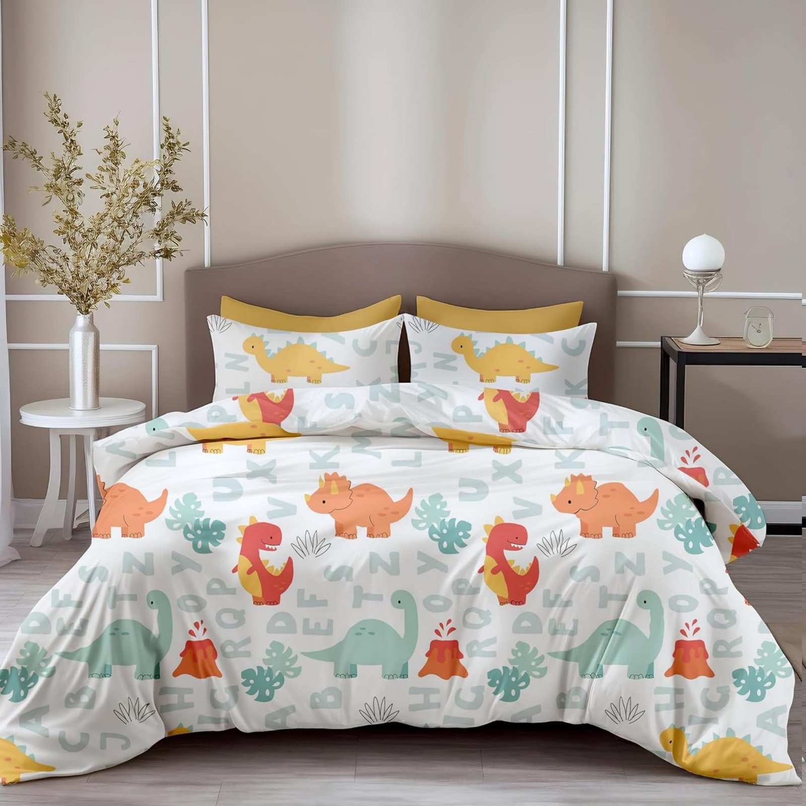 LORETO – A QUALITY LINEN BRAND 144 TC 100% Pure Cotton Printed Bedsheet,144TC Soft & Breathable King Size Bed Sheet Cotton with 2 Pillow Covers(Orange & Mint Alphabet Dino Play,104×104 Inches)