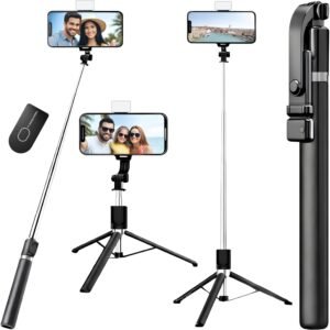 170cm Professional Selfie Stick Tripod with Integrated LED Light & Wireless Bluetooth Remote – Extra Tall 67″ All-in-One Phone Stand for Vlogging,Travel & Live Streaming –Universal for All Smartphones