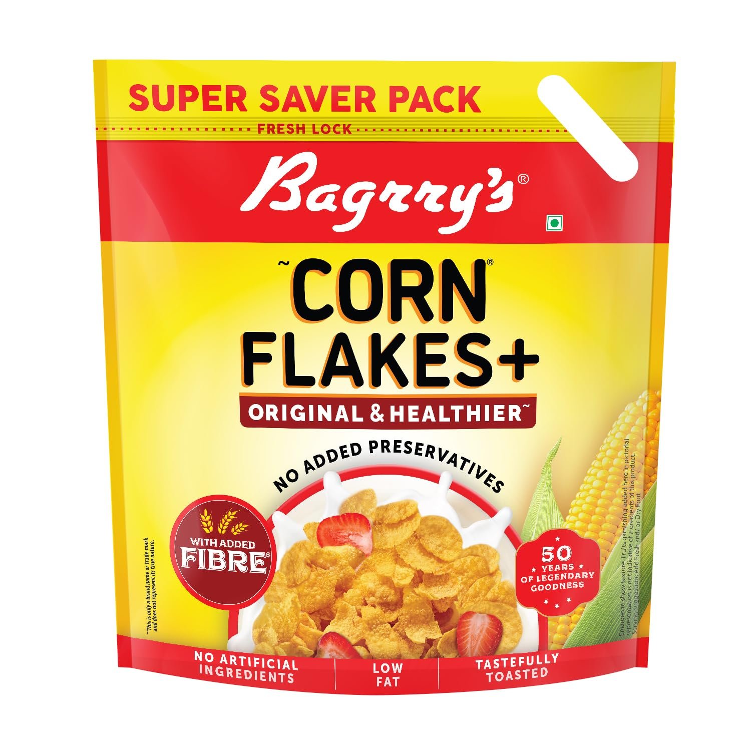 Bagrry’s Corn Flakes+ Original & Healthier 1.2kg | Added Fibre | Crunchy Breakfast Cereal | Delicious Golden Corn | Low Fat & Low in Glycaemic Index | Source of Protein | Toasted & Crunchy Corn Flakes | No Added Preservatives | No Artificial Ingredients