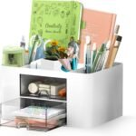 Shuttle Art Desk Organizer with 2 Drawers | Multi-Functional Stationery Holder for Office, Study Table, Home | 5 Compartment Pen, Pencil, Marker Storage Box for School & Art Supplies (White)