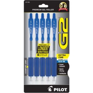 Pilot G2 Retractable Premium Gel Ink Roller Ball Pens, Extra Fine Point, 5-Pack, Blue Ink (31298)