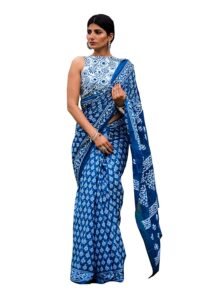Shivanya Handicrafts Indigo Print Cotton Mulmul Saree for Women Attached Blouse Piece (indigo)
