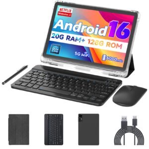 Android 16 10 inch Tablets, 20GB RAM 128GB ROM 2TB Expandable, 2GHz Octa-core Processor, 2 in 1 Tablet with Stylus Mouse Keyboard Case, 5G WiFi6, BT 5.0, 6000mAh, Widevine L1, GMS