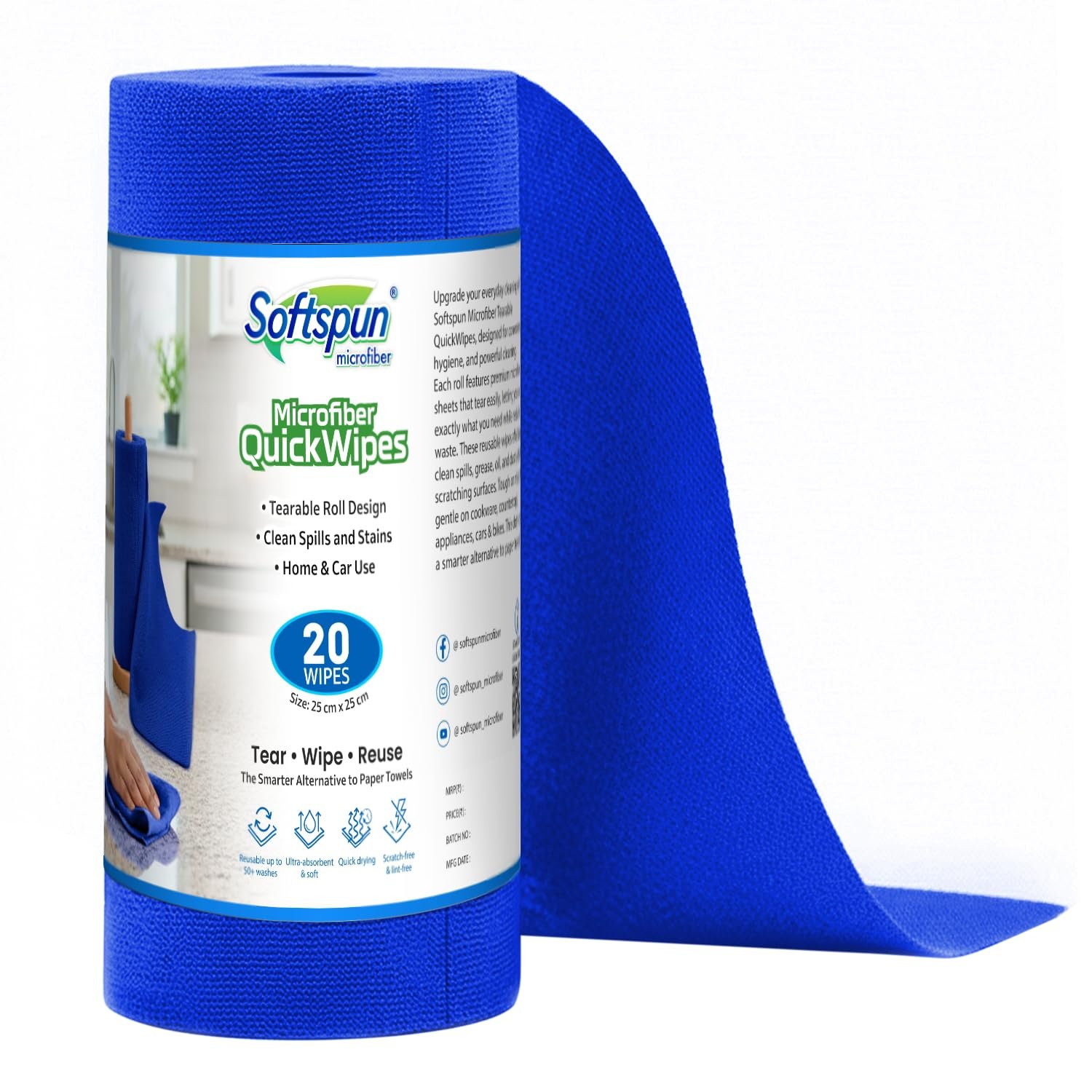 SOFTSPUN Microfiber Cleaning Roll – 20 Quick Wipes, 10X Cheaper Than Paper Kitchen Roll Reusable & Lint-Free Cloth for Kitchen, Glass & Home Cleaning | 25×25 cm (Blue)