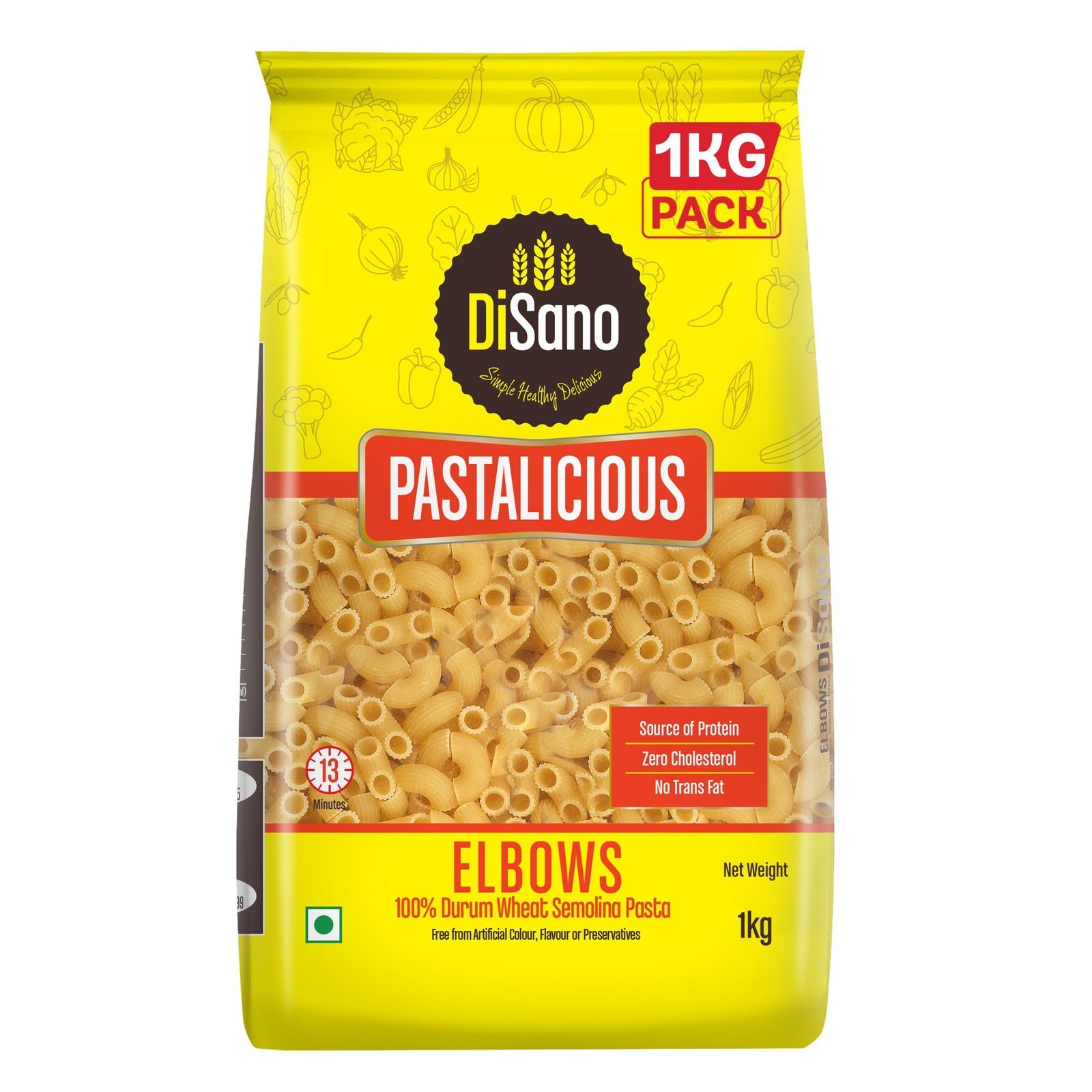 DiSano Elbow Pasta 1kg, Healthy Pasta, Made with Durum Wheat Semolina, Suji, No Maida, Source of Protein & Fibre, Non-Sticky