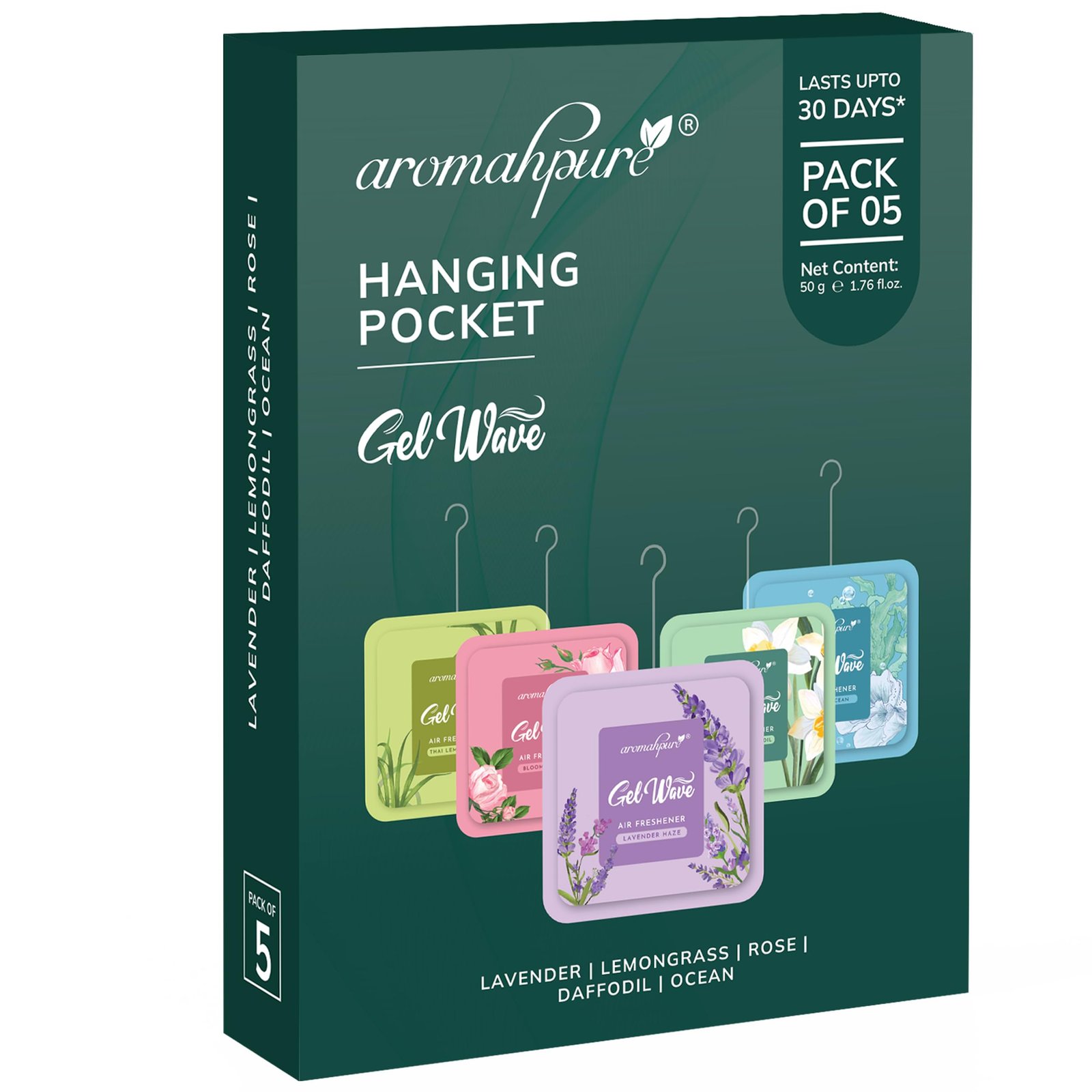 Aromahpure Gel Wave Bathroom Freshener | Assorted 50g (10g each) | Set of 5 Gel-Based hanging Pocket freshener I Lasts Up to 30 Days