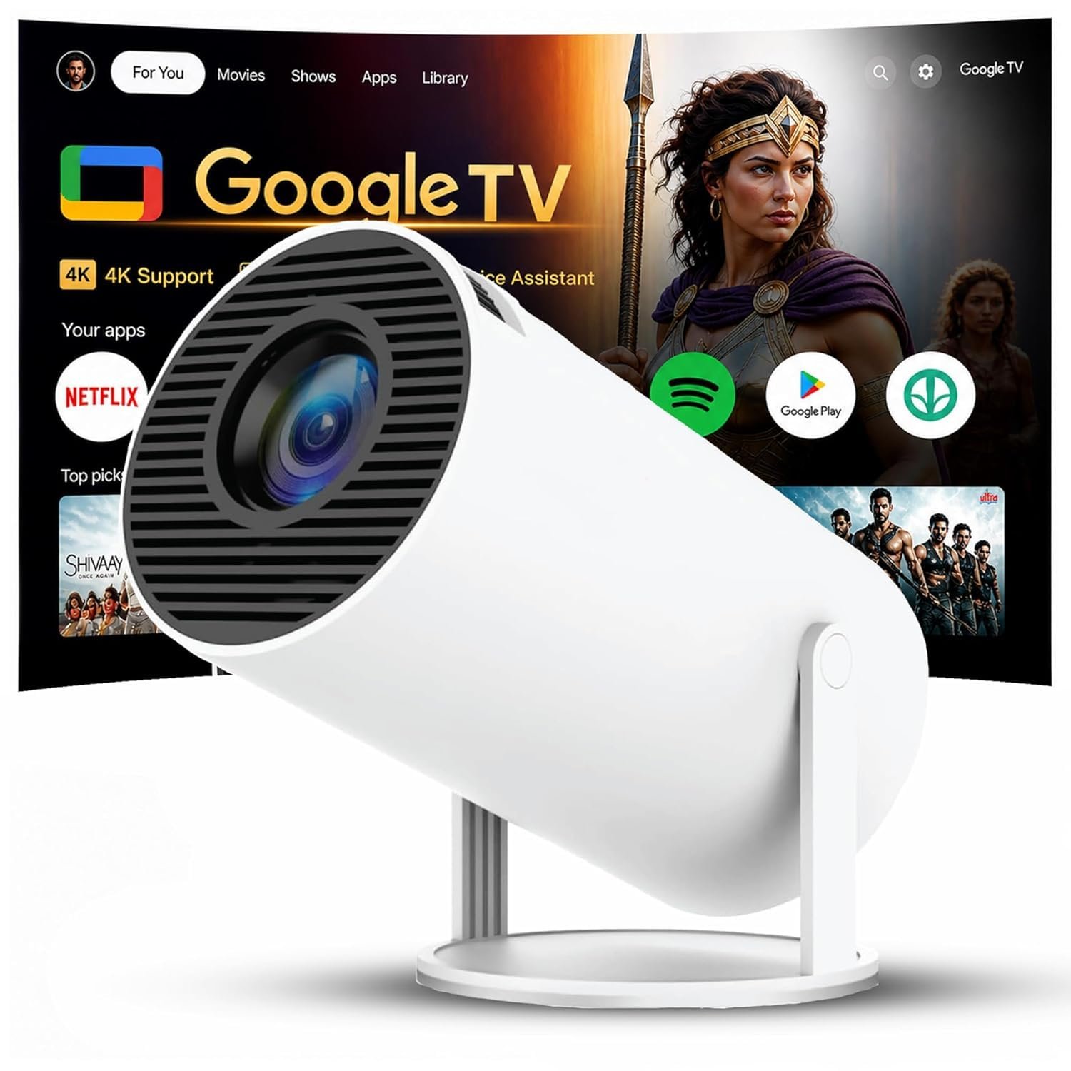 NISOO Mini Projector, Portable Projector with WiFi and Bluetooth, Built-in Apps, Supports 4K 1080P, 180° Rotation, Car Keystone, Movie Projector Compatible with HDMI/USB (Matte White)