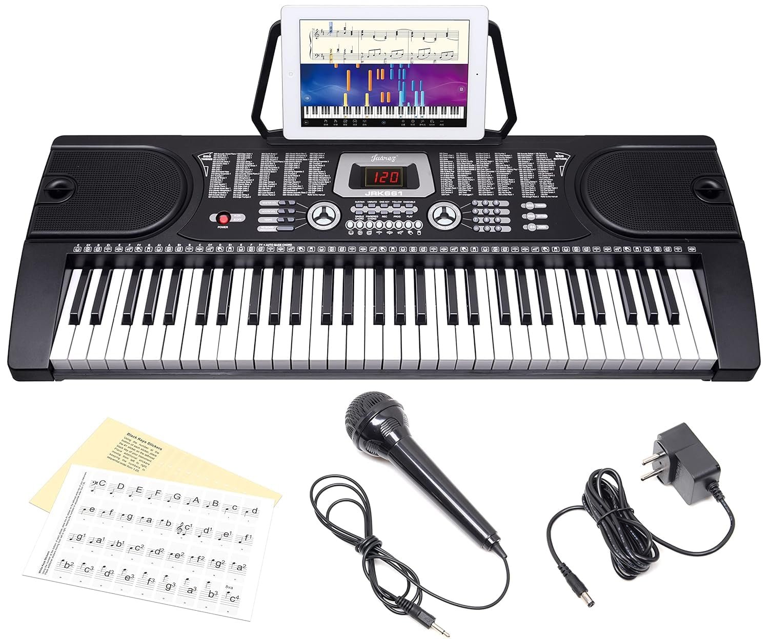 JUAREZ Octavé JRK661 61-Key Electronic Keyboard Piano with LED Display | Adapter | Key Note Stickers | Mic |Music Sheet Stand | 255 Rhythms | 255 Timbres | 24 Demos | 8 Percussions