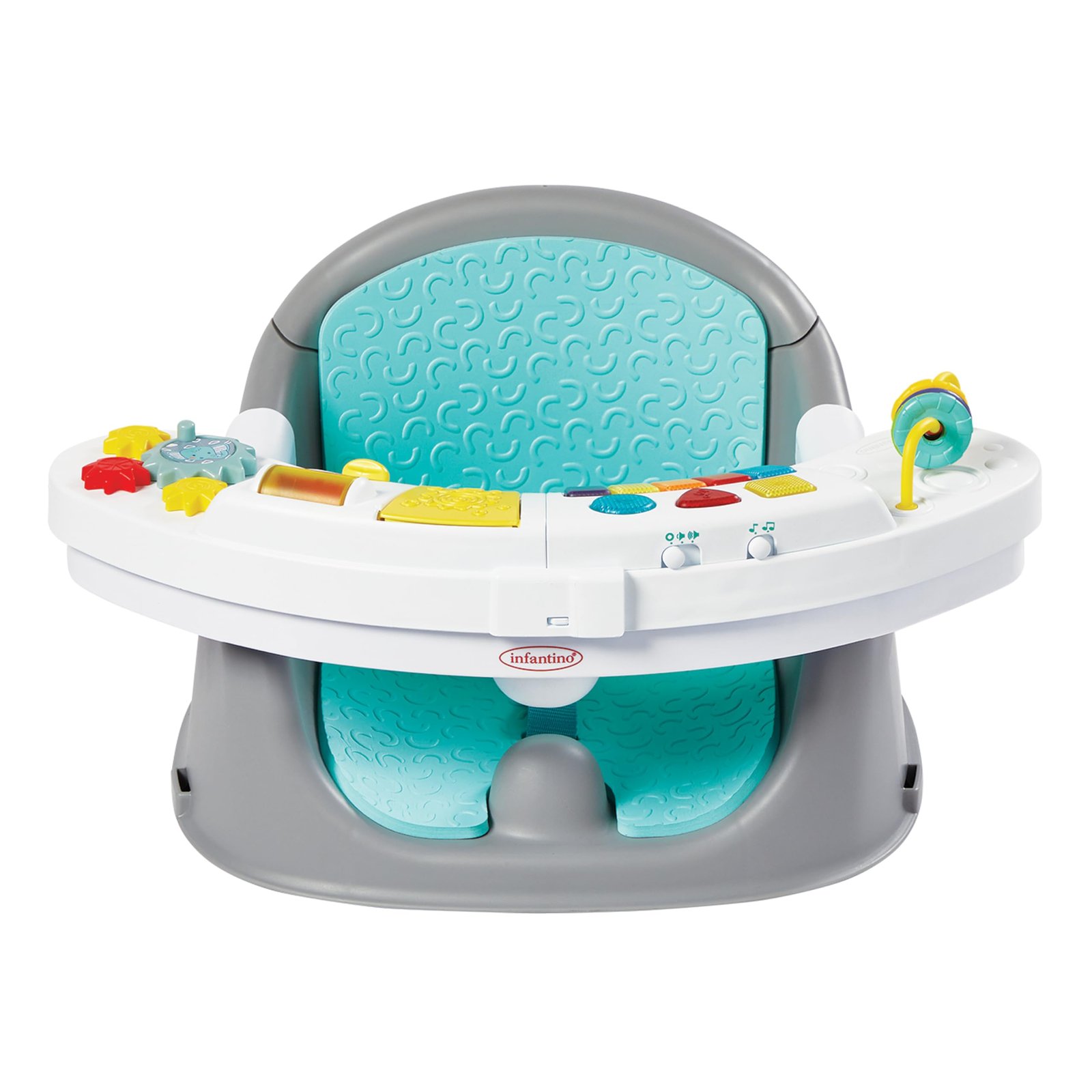 Infantino Music & Lights 3-in-1 Discovery and Booster Seat with Interactive Play Space, Snack seat, and Table Booster for Baby 4 Months to 4 Years Upto 14.96 Kgs – Teal & Grey