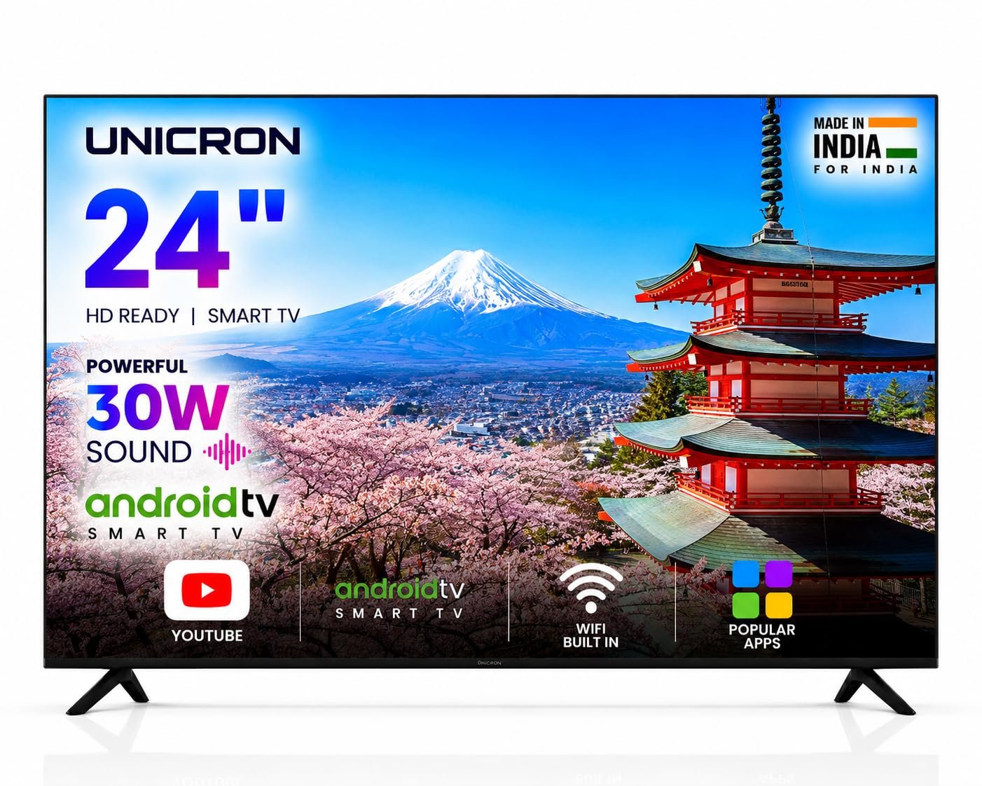 UNICRON TE 24” INCH HD Ready Android Smart LED TV, WiFi Enabled, 30W Sound Speaker, Built-in Apps Compatible (YouTube, Netflix, Prime Video), Mobile Screencast