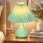 Homesake® Modern Small Ceramic Table Lamp, Classic Bedside Desk Lamp for Living Room Bedroom, Farmhouse Home Decor Nightstand Lamps Light with Fabric Pleated Shade, (Green Pleated Shade)