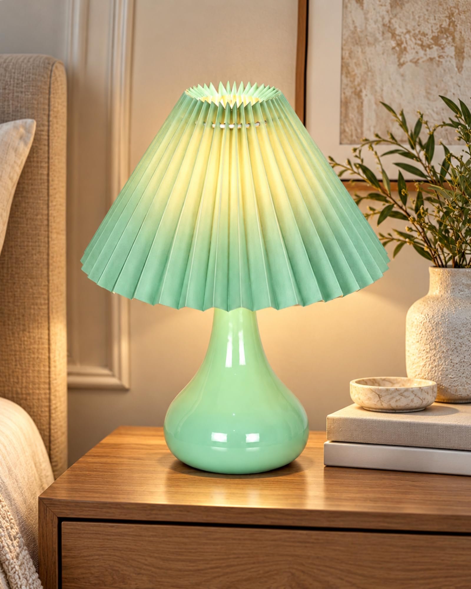 Homesake® Modern Small Ceramic Table Lamp, Classic Bedside Desk Lamp for Living Room Bedroom, Farmhouse Home Decor Nightstand Lamps Light with Fabric Pleated Shade, (Green Pleated Shade)