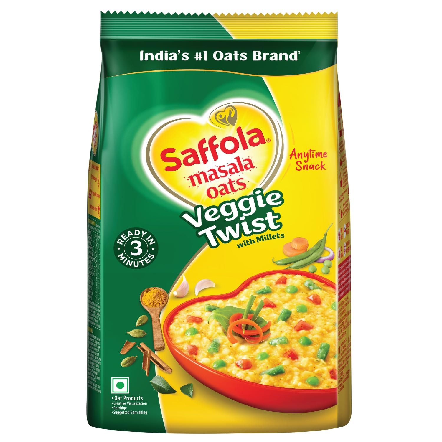 Saffola Masala Oats Veggie Twist | 550g |​ Tasty, Anytime Snack | Ready in 3 mins | Millets Goodness- with Bajra & Jowar | No maida , No added preservatives | Oats helps manage weight