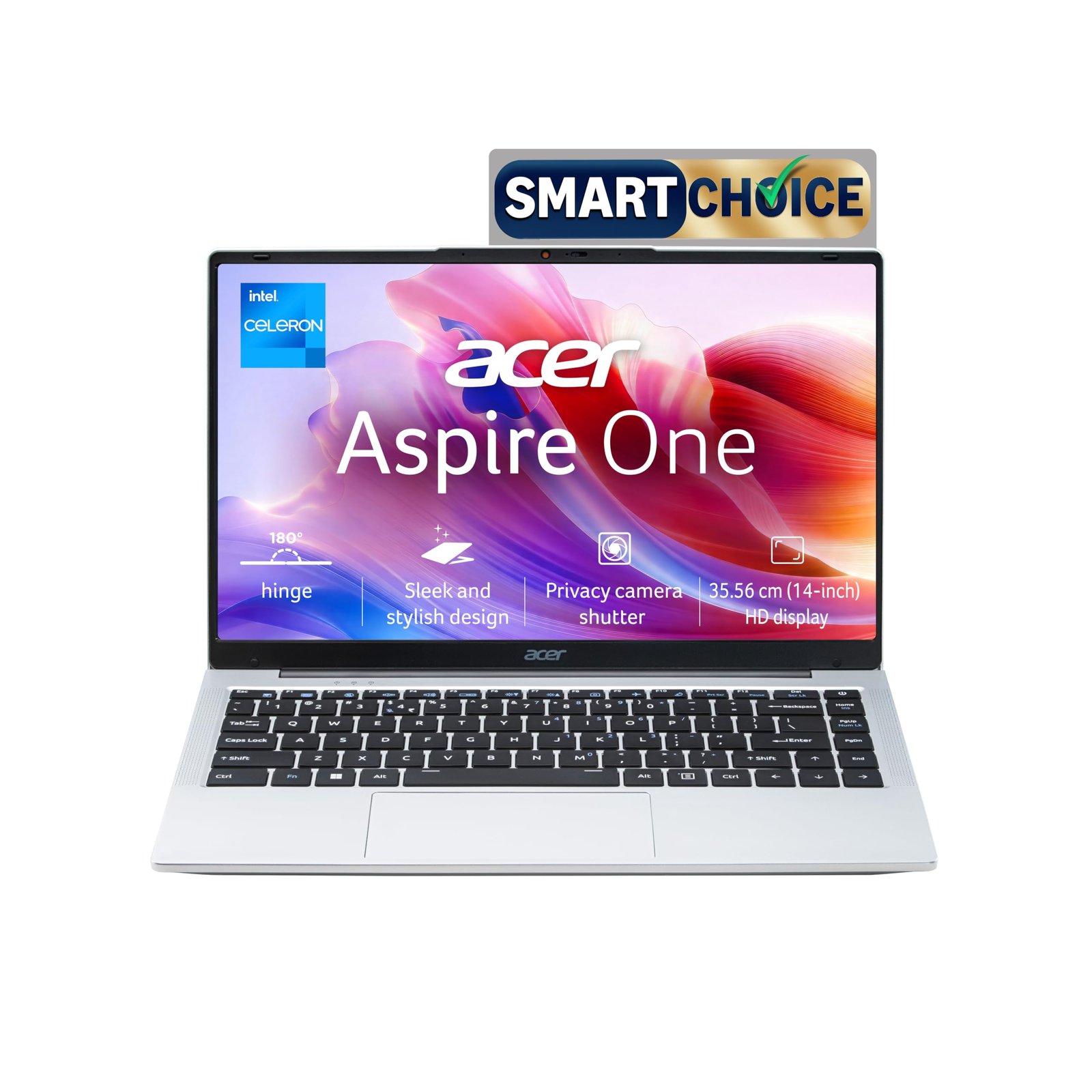Acer Smartchoice Aspire One, Intel Core Celeron N4500, 8GB LPDDR4 RAM/ 256GB SSD, 14.0″/35.56cm WXGA Display, Intel UHD Graphics, Win 11 Home, Pure Silver, 1.3 Kg, A114-45, Thin and Light Laptop