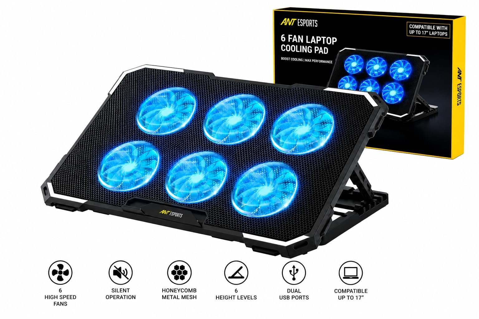 Ant Esports NC230 Gaming Notebook Cooler for 10–17 Inch Laptops | Cooling Pad with 6 Fans RGB | USB Powered Silent Fan | Adjustable Height Cooling Stand | Compatible with MacBook, PS5 & PS4