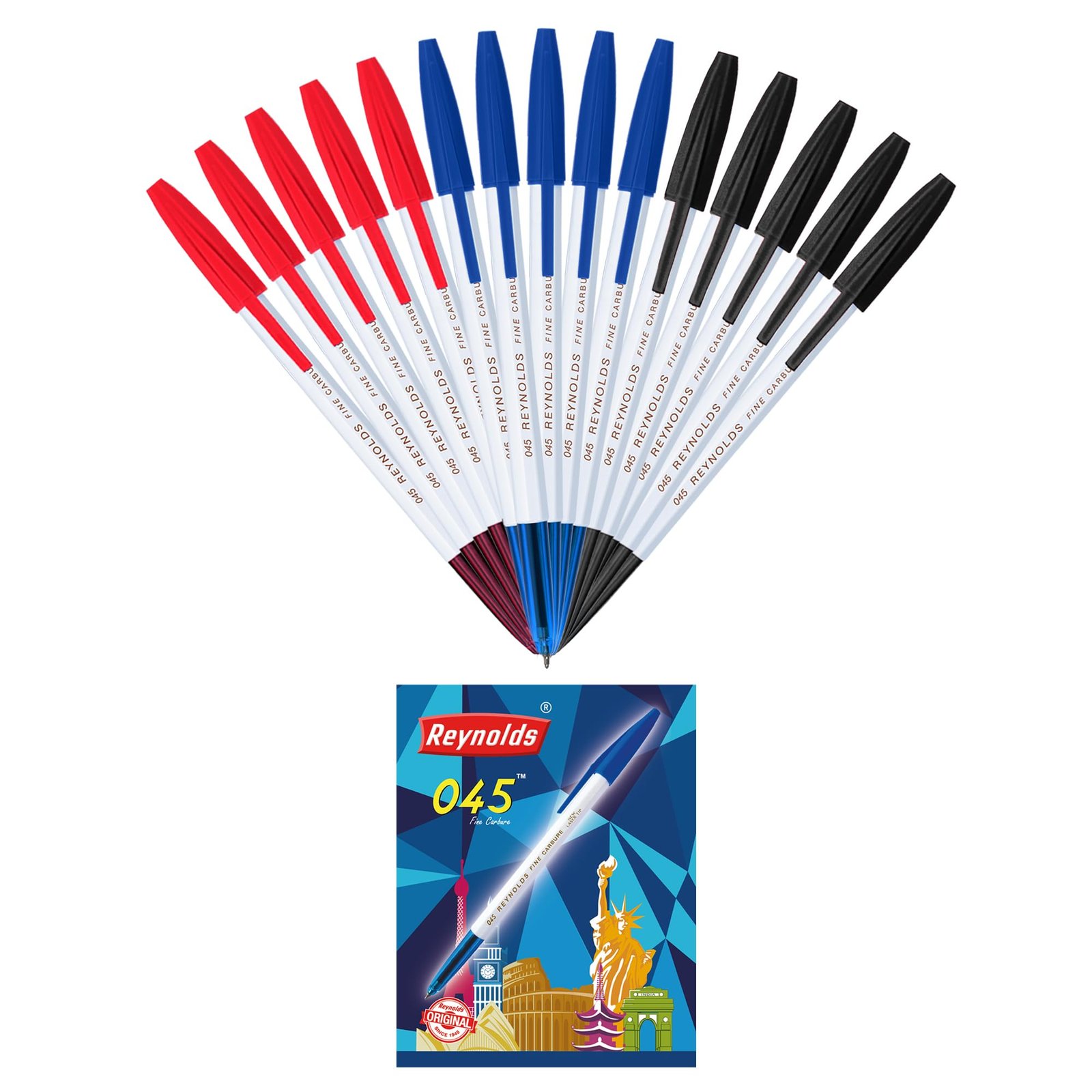 Reynolds 045 PACK OF 15 PENS (POUCH) – 5 BLUE. 5 BLACK, 5 RED | Ball Point Pen Set With Comfortable Grip | Pens For Writing | School and Office Stationery | Pens For Students | 0.7mm Tip Size