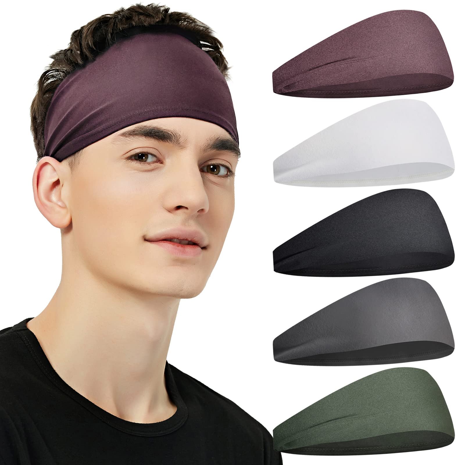 Pilamor Sports Headbands for Men 5 Pack,Sweatbands for Men Workout,Running