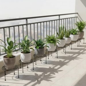 ORILEY Round Plant Stand Galvanised Metal Flower Pot Holder Gamla Support Corner Rack Outdoor Display Shelf for Home Garden Balcony Decoration – (Pack of 8, Black)