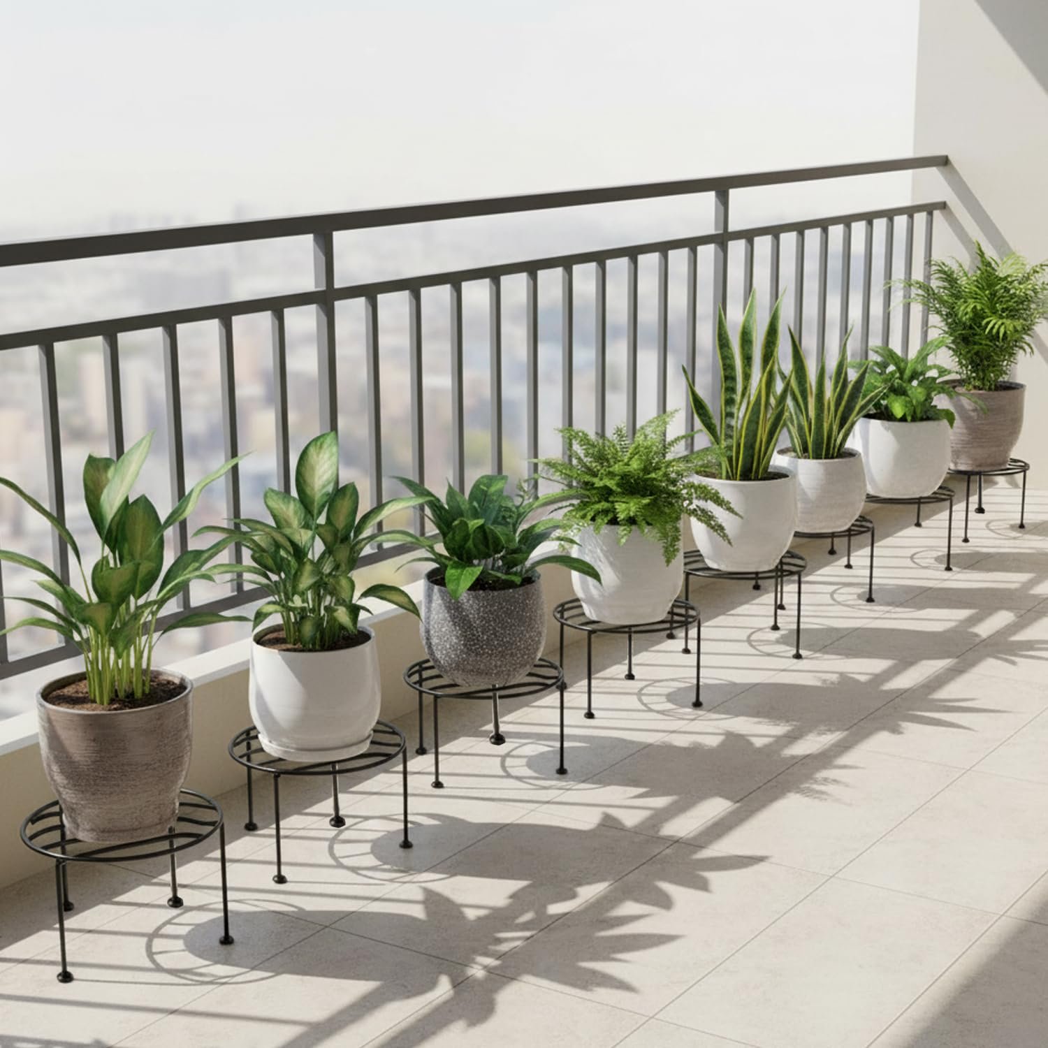 ORILEY Round Plant Stand Galvanised Metal Flower Pot Holder Gamla Support Corner Rack Outdoor Display Shelf for Home Garden Balcony Decoration – (Pack of 8, Black)